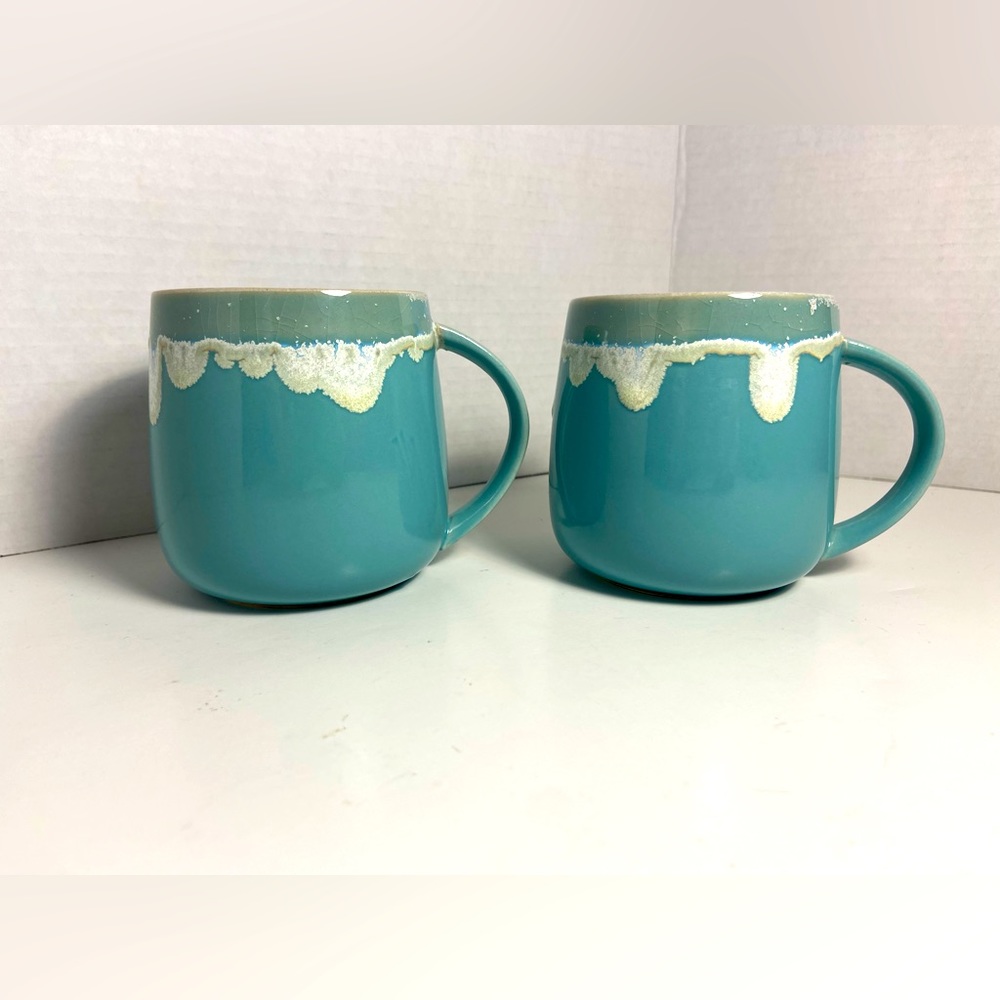 Anthropologie Pair of Mugs Blue Green Drip Glaze Crazing Teal Coffee Cup Ceramic
